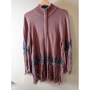 Bob Mackie Wearable Art Brown Full-Zip Sweater Beaded Turquoise Fringe Medium